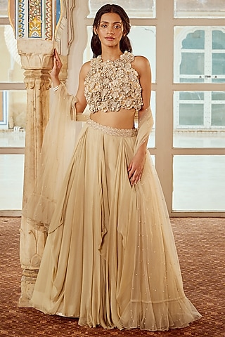 Cinnamon Viscose Organza Cowl Draped Skirt Set by Nikita Vishakha