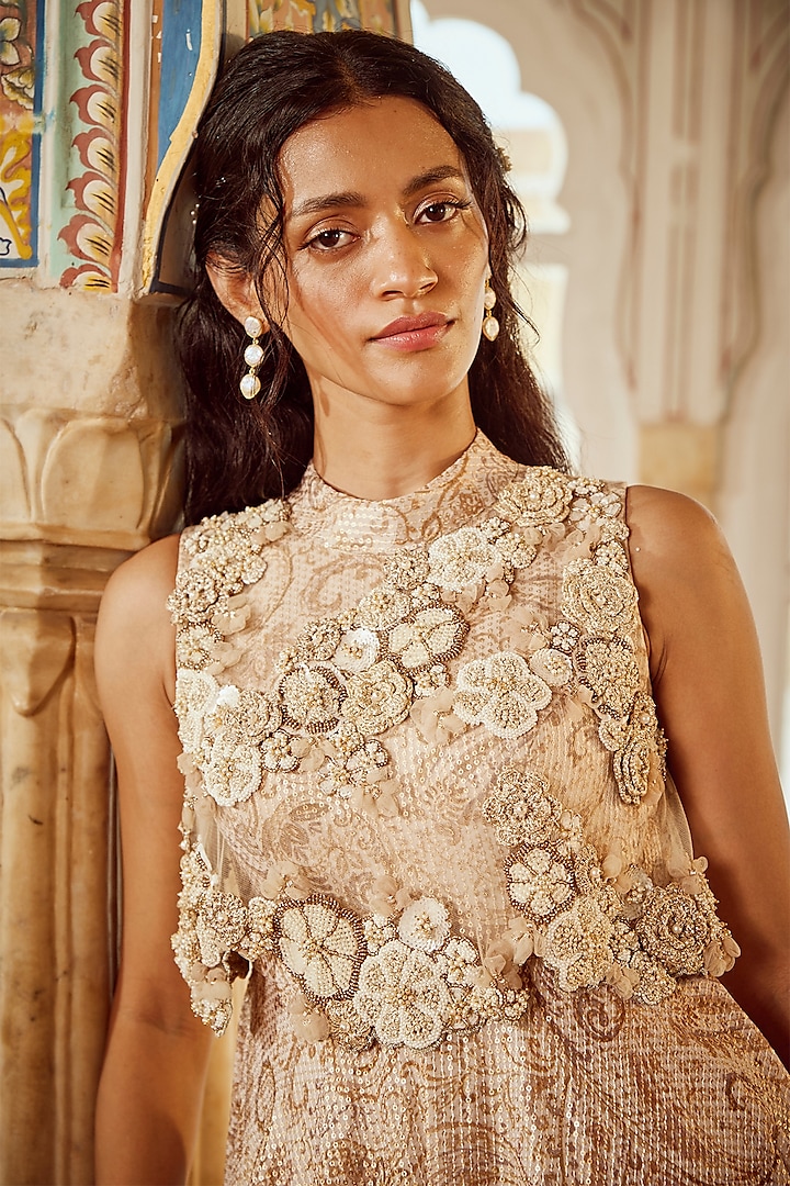 Vanilla Net Printed & Embroidered Flap Engagement Gown by Nikita Vishakha at Pernia's Pop Up Shop