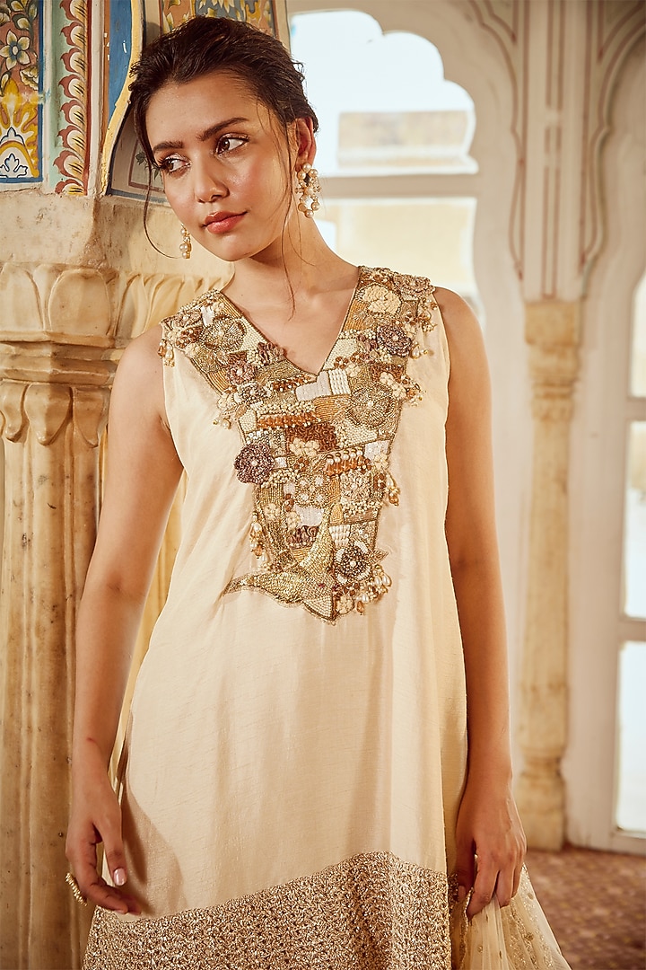Vanilla Viscose Organza Gharara Set by Nikita Vishakha at Pernia's Pop Up Shop