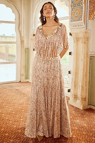 Almond Sequins Printed Slit Skirt Set by Nikita Vishakha