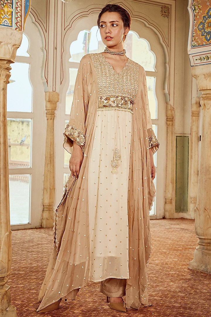 Vanilla & Caramel Sequins Organza Embroidered Kaftan Set by Nikita Vishakha at Pernia's Pop Up Shop