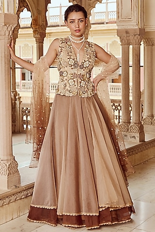 Vanilla & Caramel Silk Organza Layered Skirt Set by Nikita Vishakha