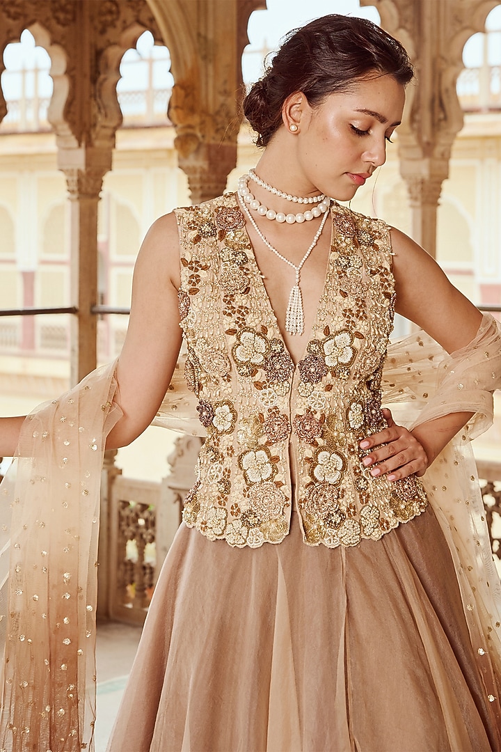 Vanilla & Caramel Silk Organza Layered Skirt Set by Nikita Vishakha at Pernia's Pop Up Shop