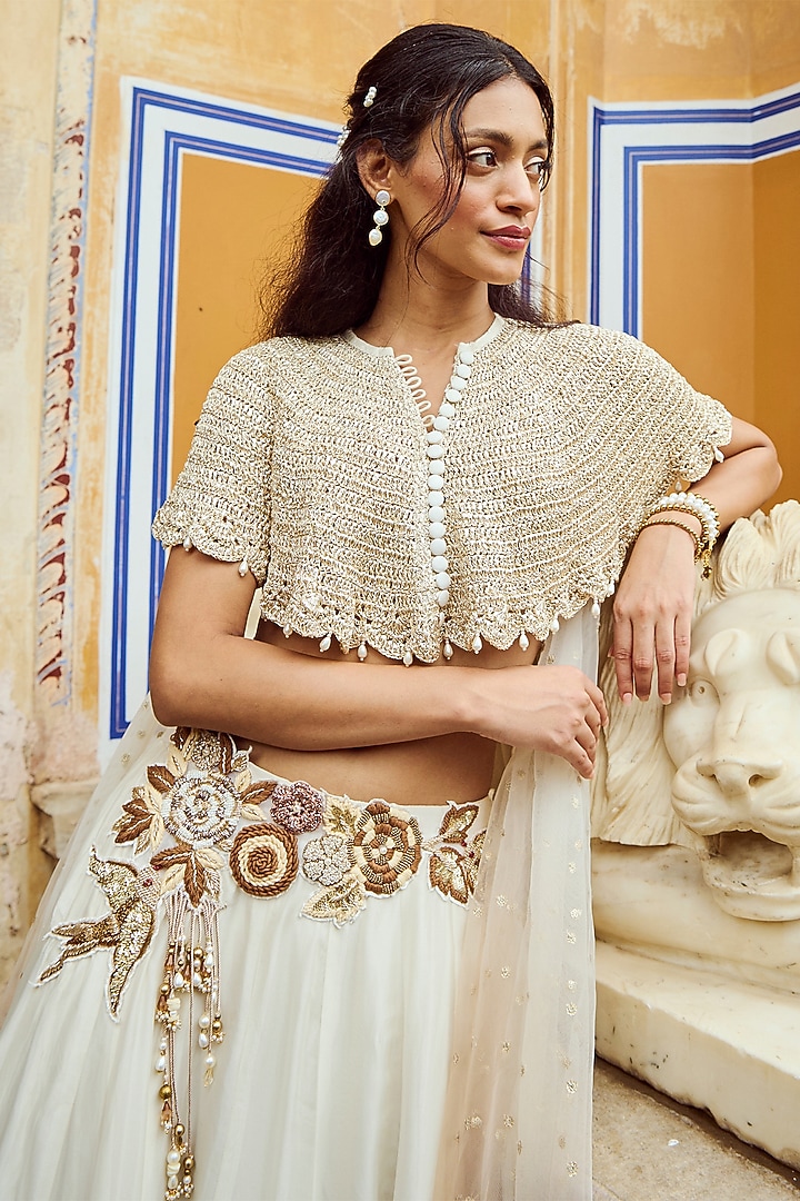 Pearl White Viscose Organza Circular Skirt Set by Nikita Vishakha at Pernia's Pop Up Shop