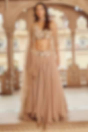 Tan Viscose Organza Embroidered Skirt Set by Nikita Vishakha at Pernia's Pop Up Shop