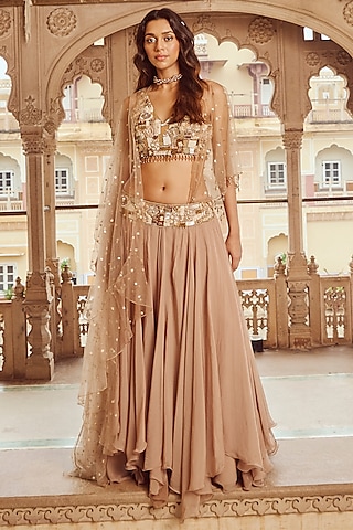Tan Viscose Organza Embroidered Skirt Set by Nikita Vishakha