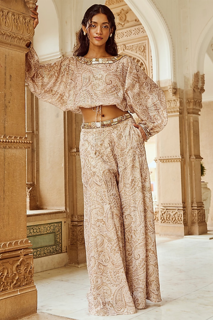 Almond Butter Crepe Printed Flared Pant Set by Nikita Vishakha at Pernia's Pop Up Shop