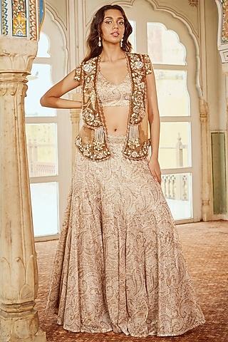 Almond Butter Crepe Printed Circular Skirt Set by Nikita Vishakha