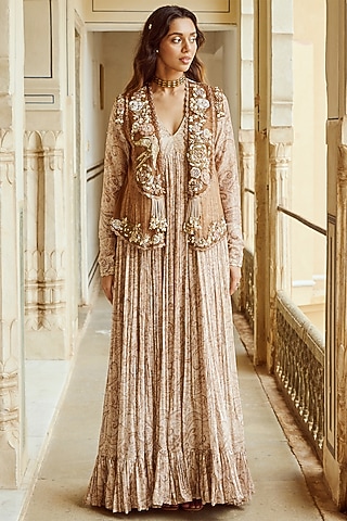 Almond Sequins Printed Gathered Gown With Jacket by Nikita Vishakha