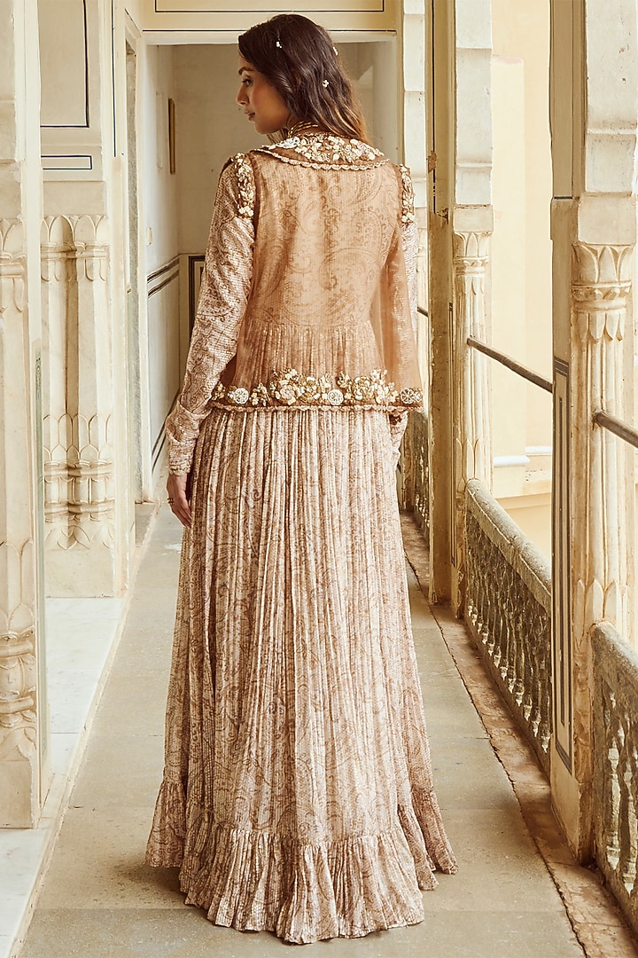 Almond Sequins Printed Gathered Engagement Gown With Jacket by Nikita Vishakha at Pernia's Pop Up Shop