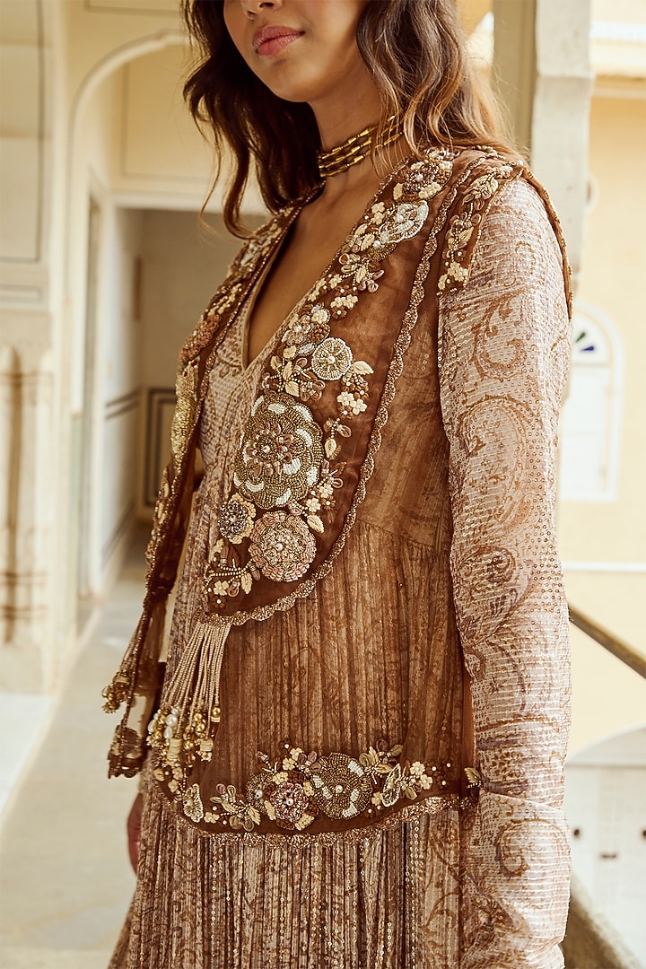 Almond Sequins Printed Gathered Engagement Gown With Jacket by Nikita Vishakha at Pernia's Pop Up Shop