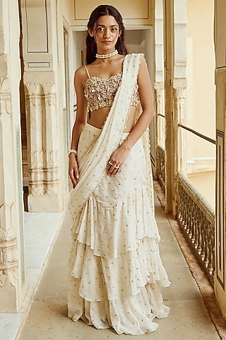 Pearl White Sequins Organza Tiered Saree Set by Nikita Vishakha