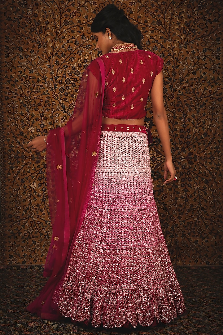 Ruby Pink & Pearl White Ombre Hand Embroidered Wedding Lehenga Set by Nikita Vishakha at Pernia's Pop Up Shop