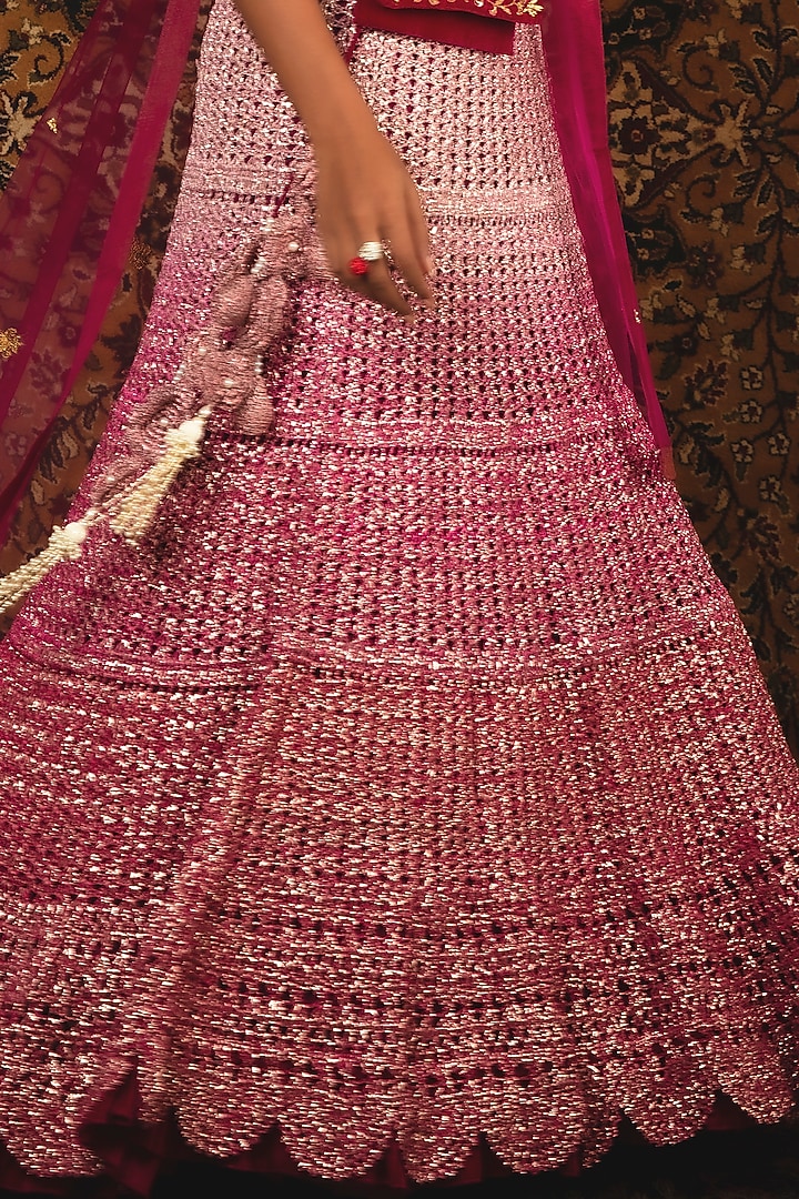 Ruby Pink & Pearl White Ombre Hand Embroidered Wedding Lehenga Set by Nikita Vishakha at Pernia's Pop Up Shop