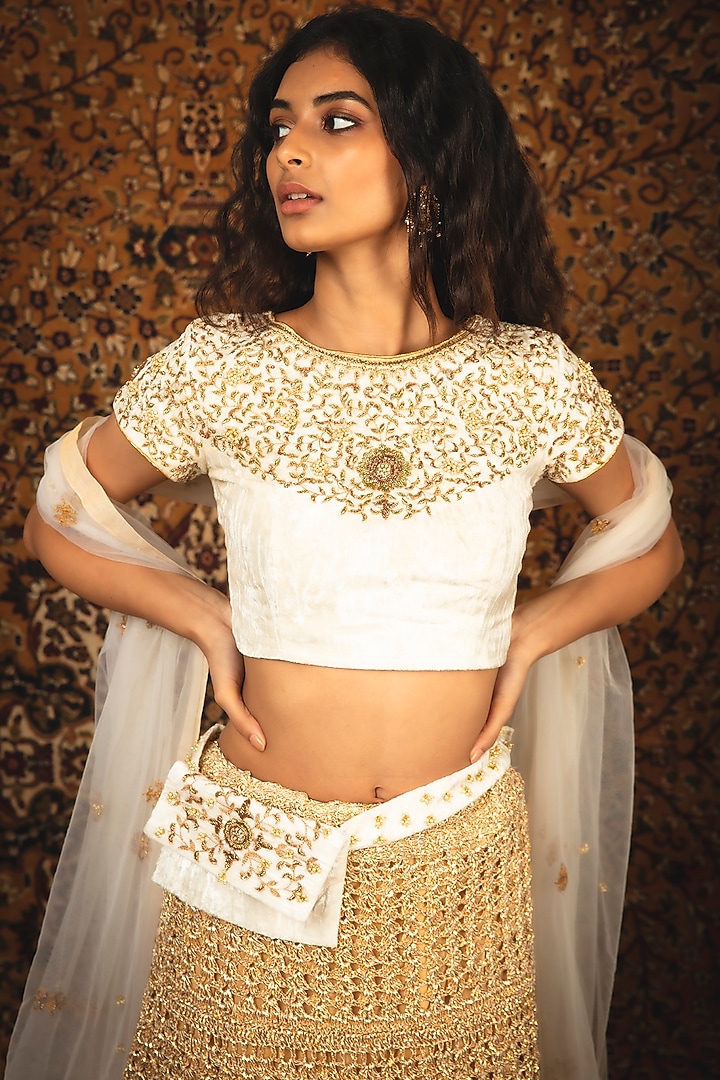 Pearl White Zardosi Hand Embroidered Wedding Lehenga Set by Nikita Vishakha at Pernia's Pop Up Shop