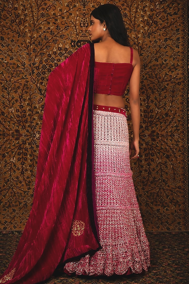 Pearl White & Ruby Pink Hand Embroidered Wedding Lehenga Set by Nikita Vishakha at Pernia's Pop Up Shop