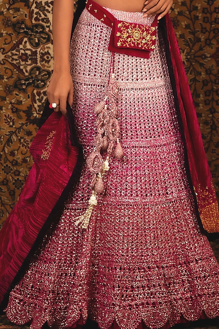 Pearl White & Ruby Pink Hand Embroidered Wedding Lehenga Set by Nikita Vishakha at Pernia's Pop Up Shop