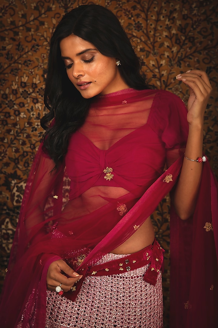 Pearl White & Ruby Pink Embroidered Wedding Lehenga Set by Nikita Vishakha at Pernia's Pop Up Shop
