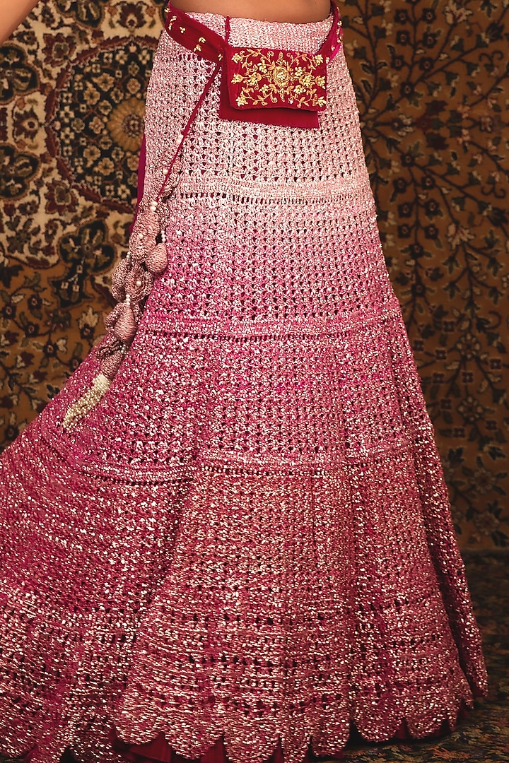 Pearl White & Ruby Pink Embroidered Wedding Lehenga Set by Nikita Vishakha at Pernia's Pop Up Shop