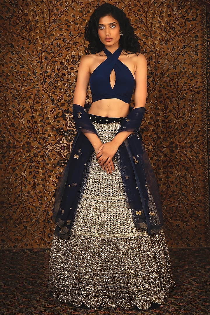 Pearl White Embroidered Wedding Lehenga Set by Nikita Vishakha at Pernia's Pop Up Shop