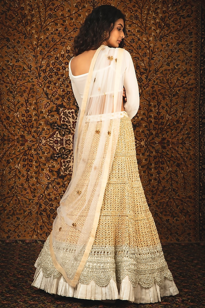 Pearl White Embroidered & Printed Wedding Lehenga Set by Nikita Vishakha at Pernia's Pop Up Shop