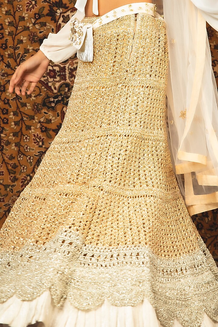Pearl White Embroidered & Printed Wedding Lehenga Set by Nikita Vishakha at Pernia's Pop Up Shop