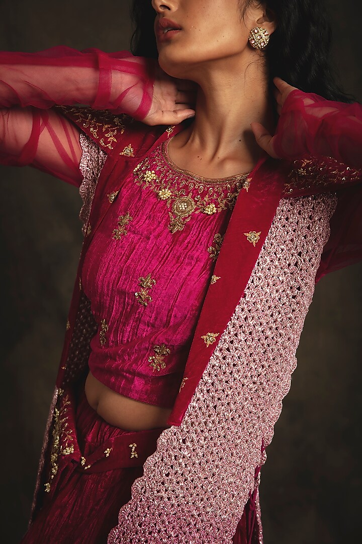 Ruby Pink & Pearl White Velvet Zardosi Hand Embroidered Jacket Wedding Lehenga Set by Nikita Vishakha at Pernia's Pop Up Shop