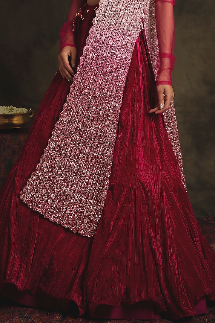 Ruby Pink & Pearl White Velvet Zardosi Hand Embroidered Jacket Wedding Lehenga Set by Nikita Vishakha at Pernia's Pop Up Shop