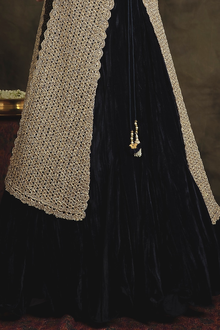 Sapphire Blue & Pearl White Hand Embroidered Jacket Wedding Lehenga Set by Nikita Vishakha at Pernia's Pop Up Shop