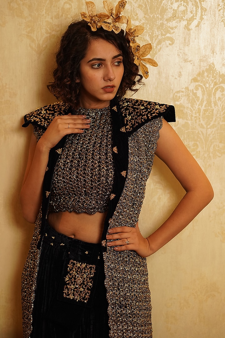 Sapphire Blue Velvet Hand Embroidered Jacket Wedding Lehenga Set by Nikita Vishakha at Pernia's Pop Up Shop