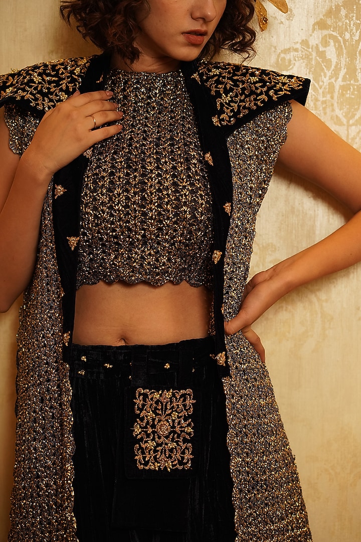 Sapphire Blue Velvet Hand Embroidered Jacket Wedding Lehenga Set by Nikita Vishakha at Pernia's Pop Up Shop