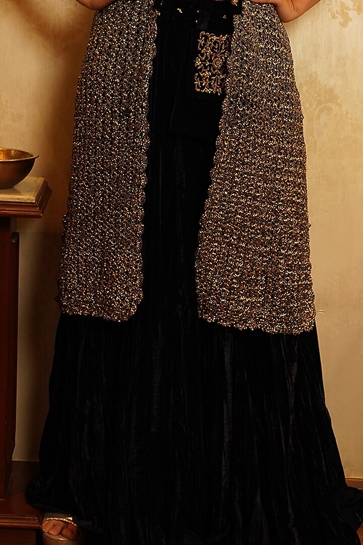 Sapphire Blue Velvet Hand Embroidered Jacket Wedding Lehenga Set by Nikita Vishakha at Pernia's Pop Up Shop