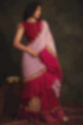 Ruby Pink & Pearl White Hand Embroidered Pre-Stitched Reception Saree Set by Nikita Vishakha at Pernia's Pop Up Shop