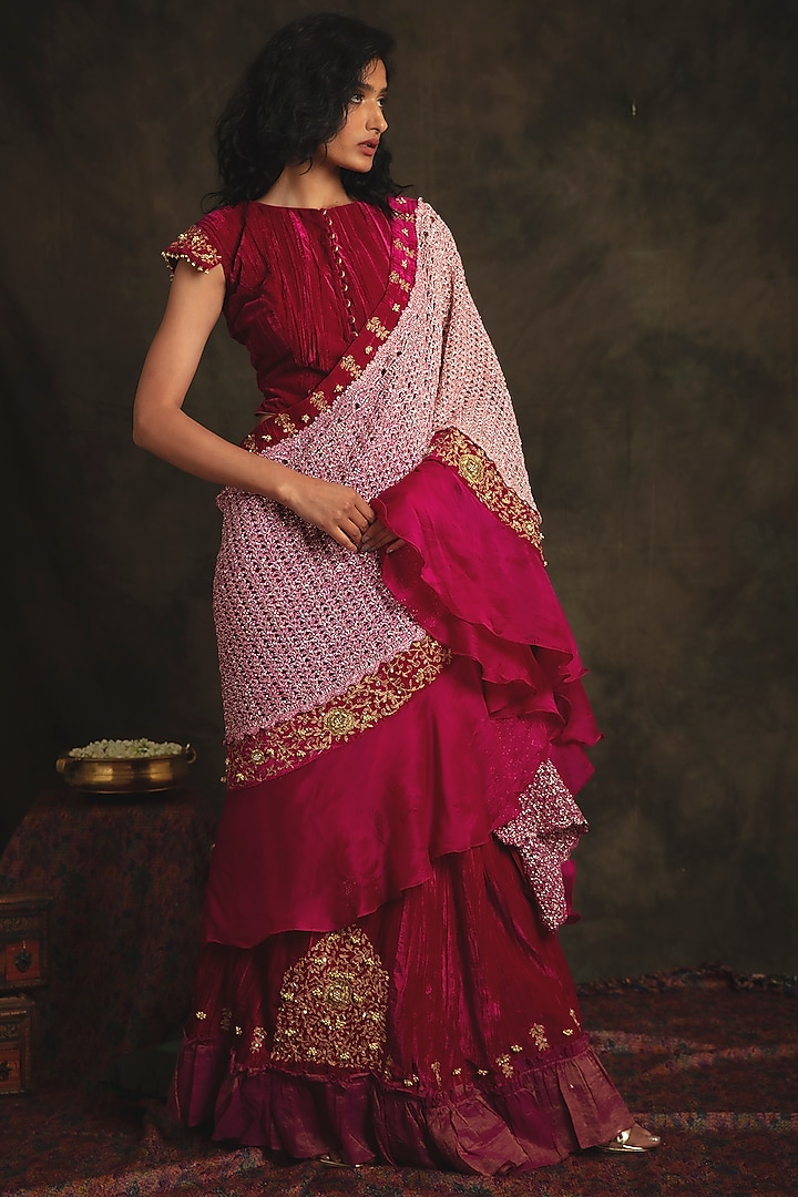 Ruby Pink & Pearl White Hand Embroidered Pre-Stitched Reception Saree Set by Nikita Vishakha at Pernia's Pop Up Shop