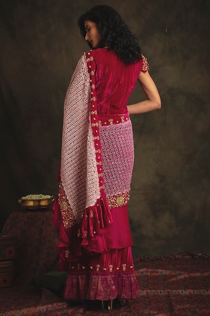 Ruby Pink & Pearl White Hand Embroidered Pre-Stitched Reception Saree Set by Nikita Vishakha at Pernia's Pop Up Shop