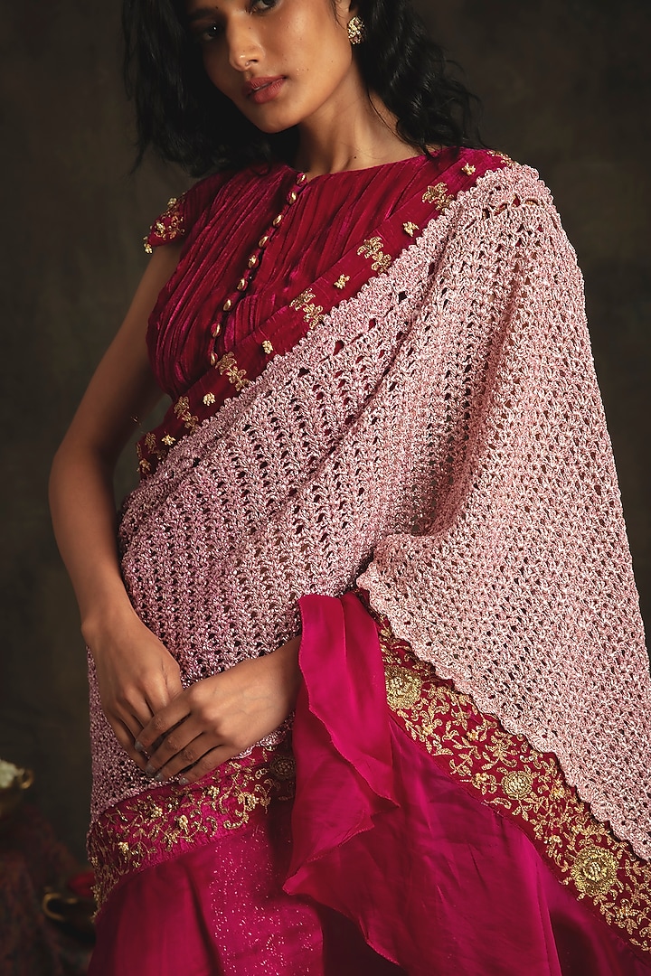 Ruby Pink & Pearl White Hand Embroidered Pre-Stitched Reception Saree Set by Nikita Vishakha at Pernia's Pop Up Shop