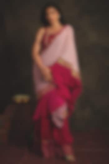 Ruby Pink & Pearl White Embroidered Pre-Stitched Reception Saree Set by Nikita Vishakha at Pernia's Pop Up Shop