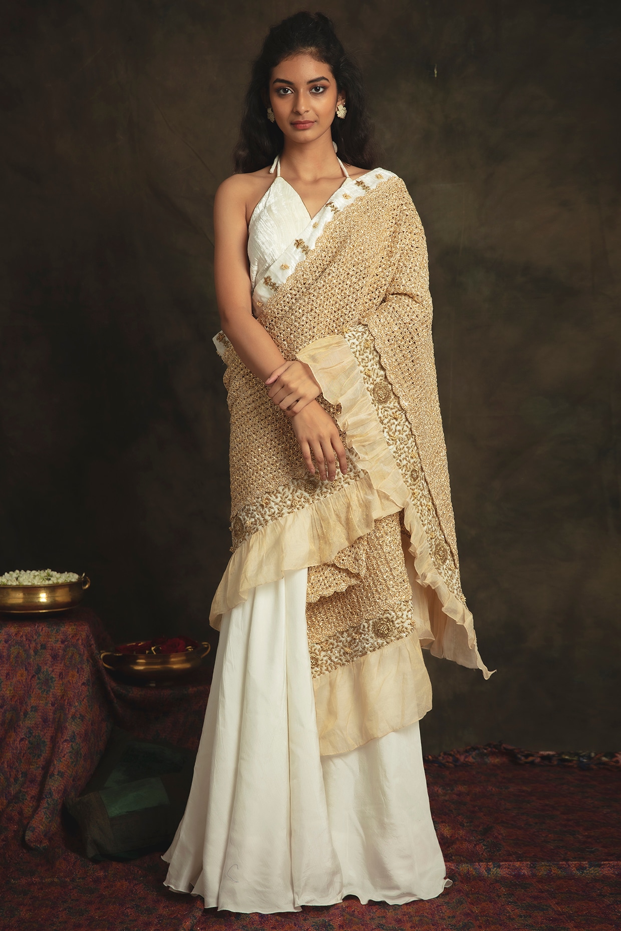 Buy Off White Silk Dangler Lehenga Style Saree Online : UAE -