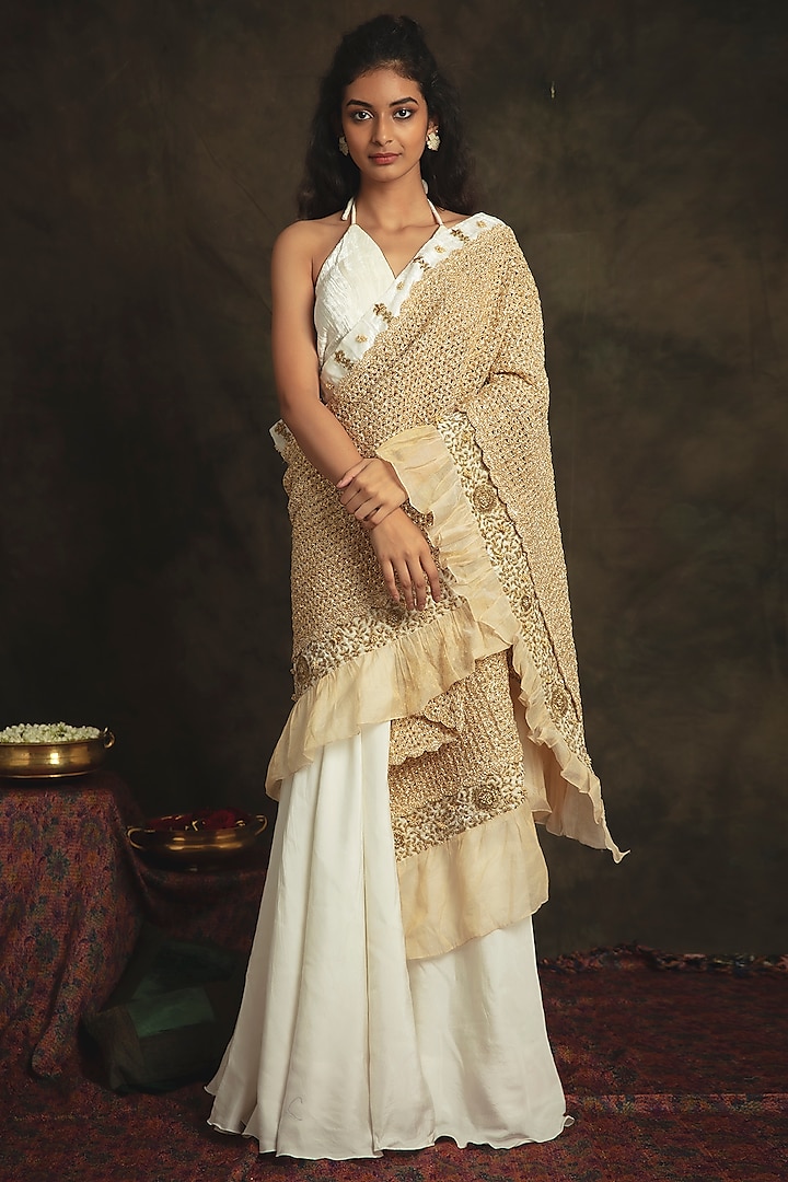Pearl White Hand Embroidered Flared Pre-Stitched Lehenga Saree Set by Nikita Vishakha