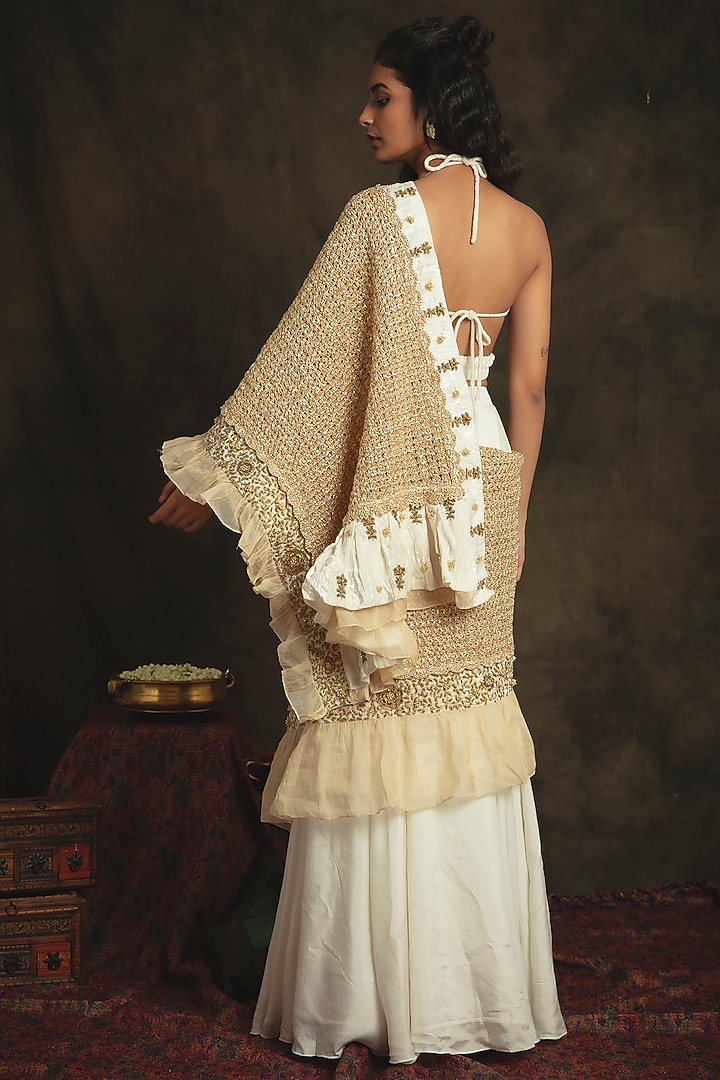 Pearl White Hand Embroidered Flared Pre-Stitched Wedding Lehenga Saree Set by Nikita Vishakha at Pernia's Pop Up Shop