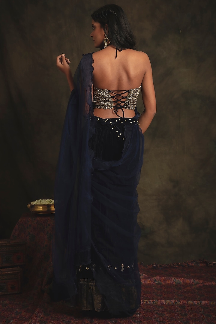 Sapphire Blue Hand Embroidered Pre-Stitched Wedding Saree Set by Nikita Vishakha at Pernia's Pop Up Shop