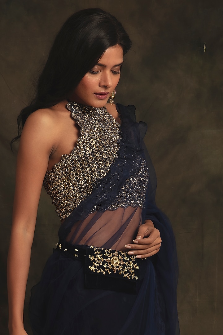 Sapphire Blue Hand Embroidered Pre-Stitched Wedding Saree Set by Nikita Vishakha at Pernia's Pop Up Shop