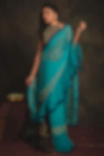 Sapphire Blue & Turquoise Hand Embroidered Pre-Stitched Saree Set by Nikita Vishakha