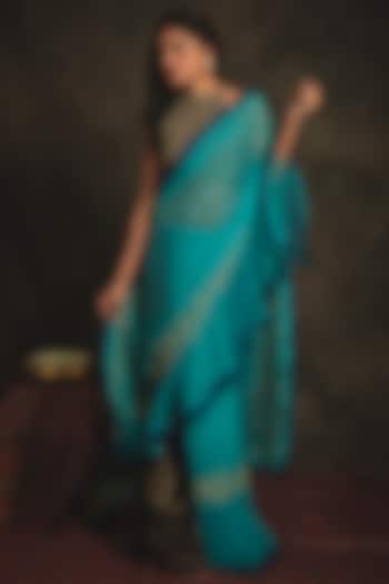 Sapphire Blue & Turquoise Hand Embroidered Pre-Stitched Skirt Saree Set by Nikita Vishakha