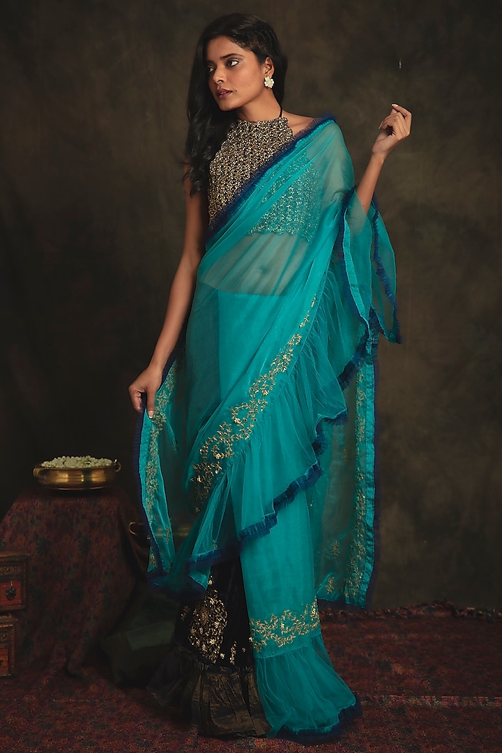 Sapphire Blue & Turquoise Hand Embroidered Pre-Stitched Saree Set by Nikita Vishakha