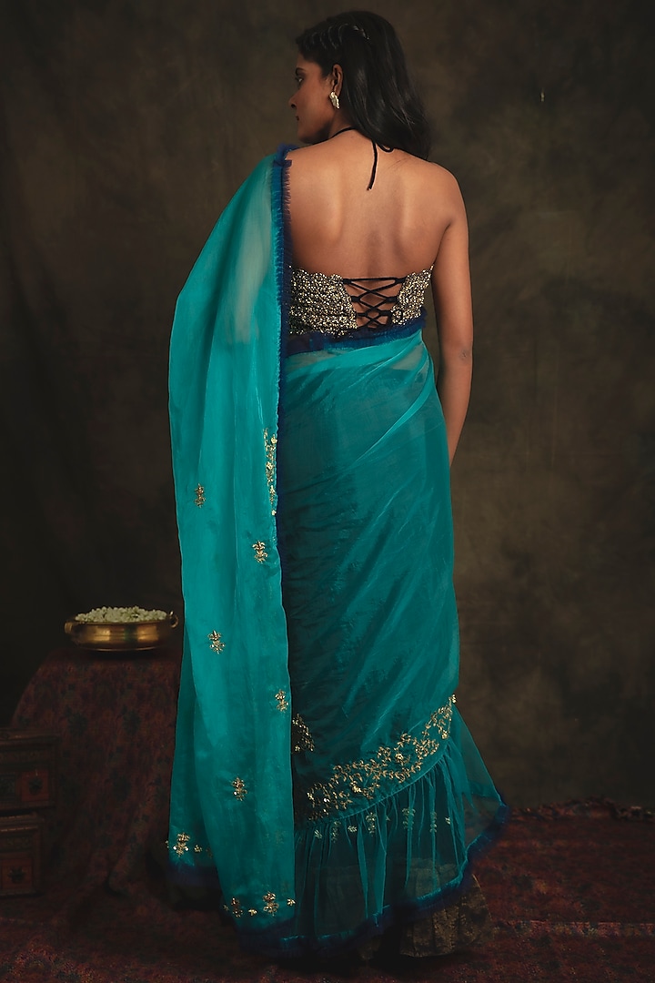 Sapphire Blue & Turquoise Hand Embroidered Pre-Stitched Skirt Reception Saree Set by Nikita Vishakha at Pernia's Pop Up Shop