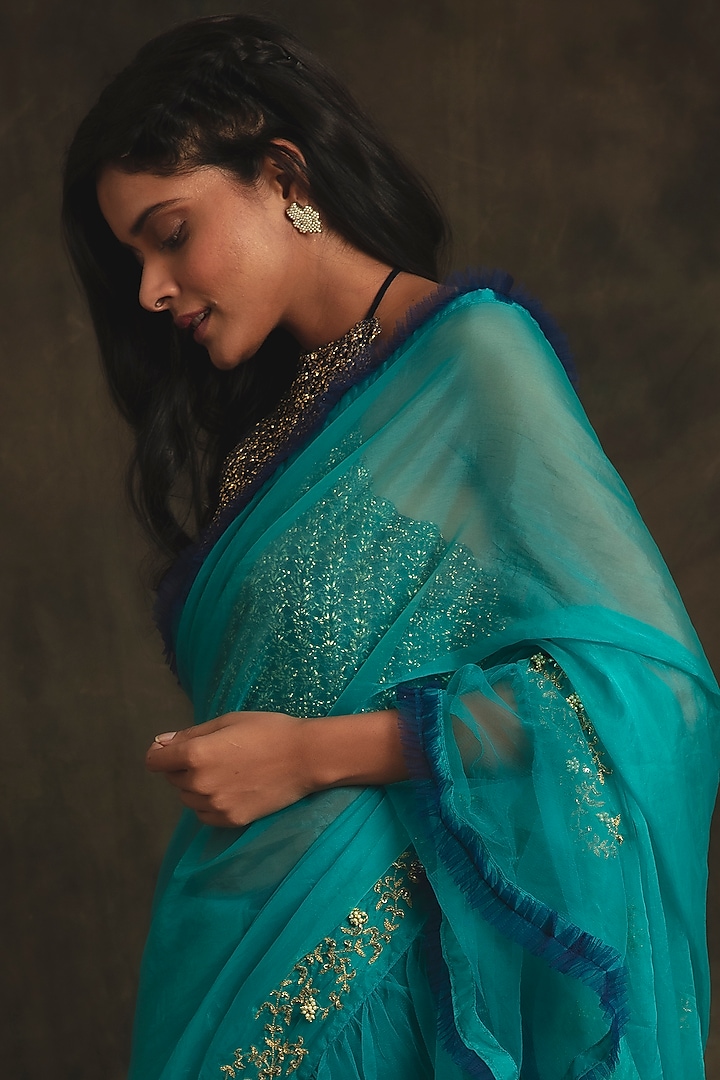 Sapphire Blue & Turquoise Hand Embroidered Pre-Stitched Skirt Reception Saree Set by Nikita Vishakha at Pernia's Pop Up Shop