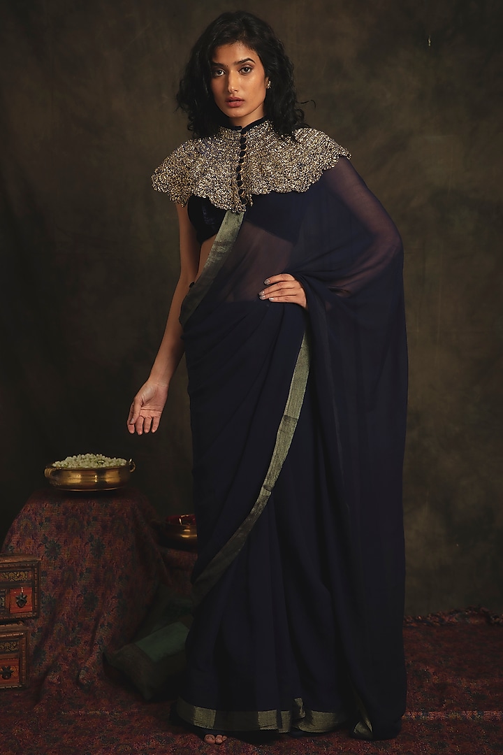 Sapphire Blue Chiffon Wedding Saree Set by Nikita Vishakha at Pernia's Pop Up Shop