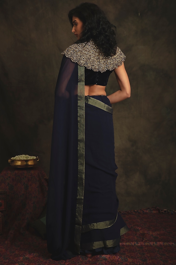 Sapphire Blue Chiffon Wedding Saree Set by Nikita Vishakha at Pernia's Pop Up Shop
