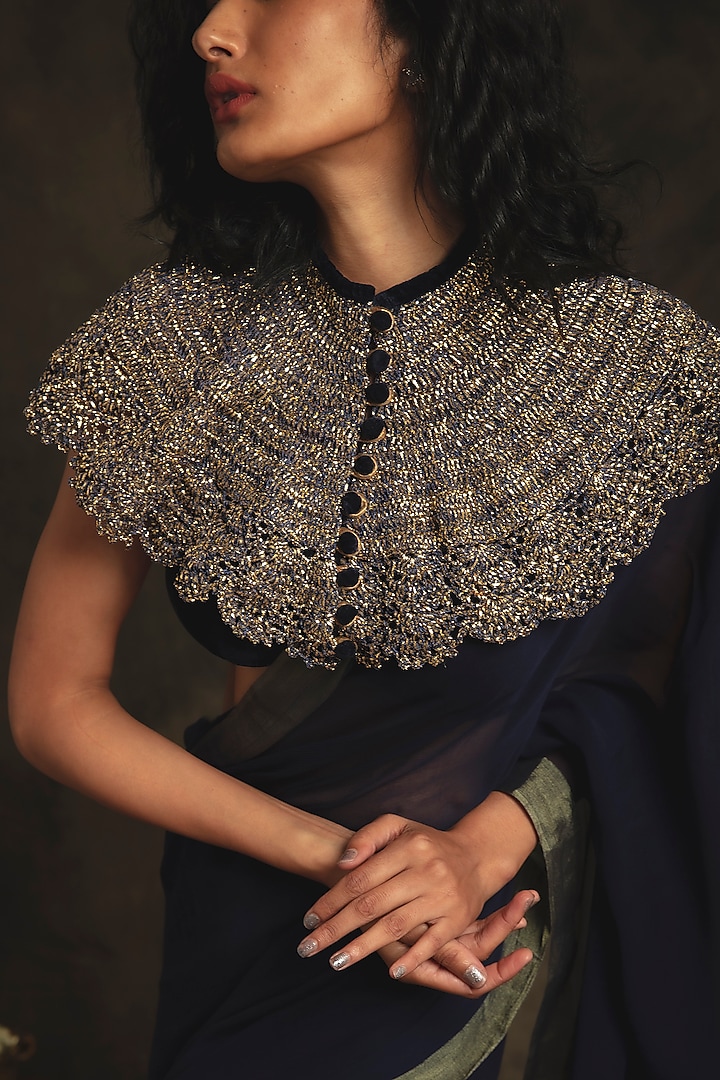 Sapphire Blue Chiffon Wedding Saree Set by Nikita Vishakha at Pernia's Pop Up Shop